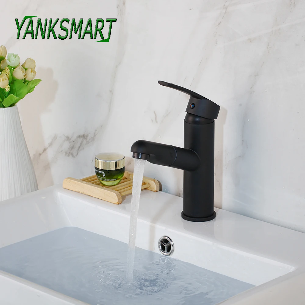 

YANKSMART Black Pull Out Kitchen / Bathroom Basin Faucets Single Handle Deck Mounted Faucet Mixer Cold & Hot Water Tap
