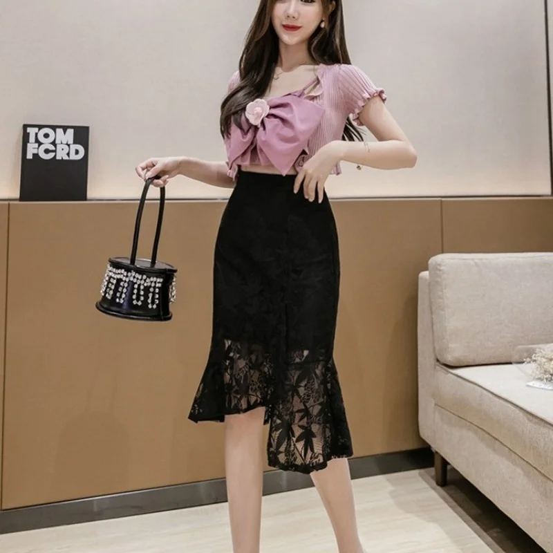 

High Summer Waist Slim Fit Mermaid Skirt Women Asymmetrical Knee Length Wrap Black White Lace Skirts Fashion Lady Elegant Skirts