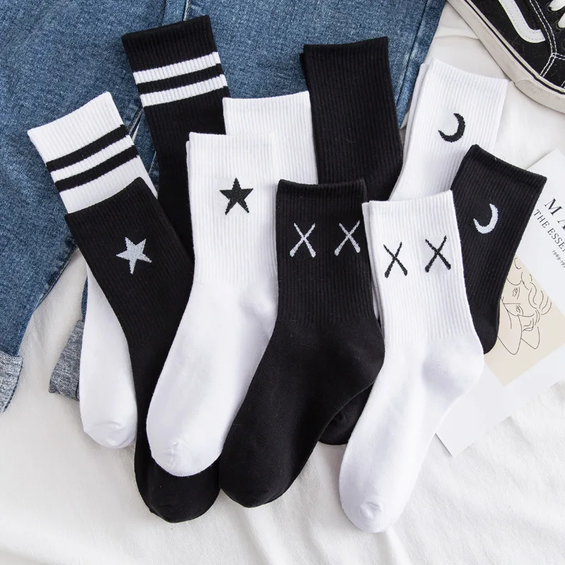 Socks Women Men Unisex Basketball Socks Harajuku Hip Hop Mid Sock Women Happy Funny Men Cotton Black White Sox Calcetines Meias