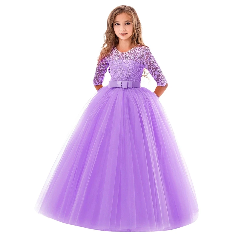 Girls Flower Vintage Floral Lace 3/4 Sleeves Floor Length Dress Wedding Party Evening Formal Dance Gown