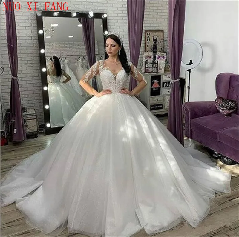 NUOXIFANG Tulle Africano Sheer Manica Lunga abito di Sfera Abito Da Sposa Dess Principessa vestido de noiva Plus Size abito da sposa Da Sposa abiti