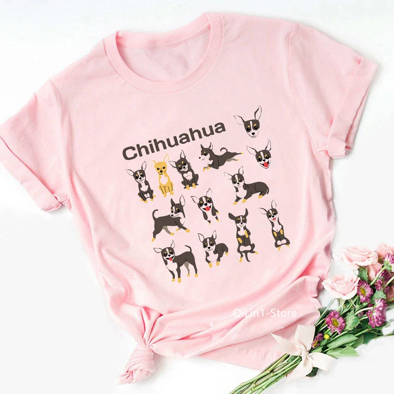 Cute Chihuahua With Headband Animal Print Tshirt Women T Shirt Summer 2024 Pink Top Female Tshirt Girl Streetwear Dog Lover Gift