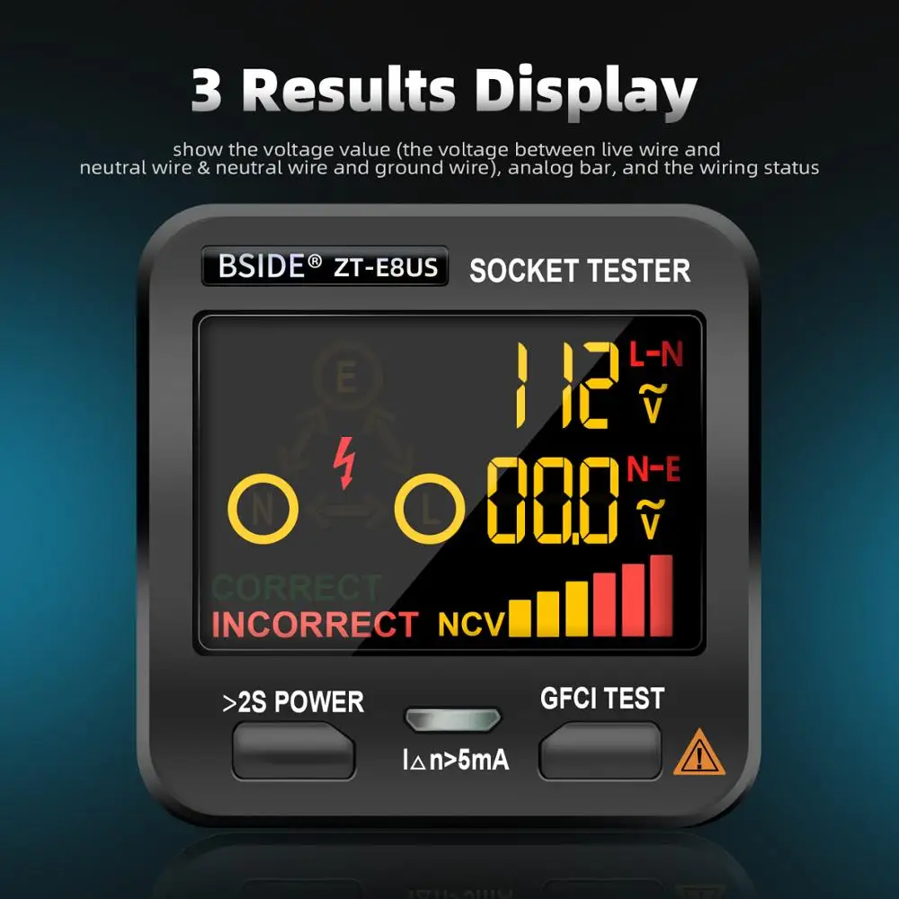 Imagem -02 - Bside-inteligente Tomada Tester Detector de Tensão Tomada Verificador Rcd Teste Gfci Ncv Vivo Teste de Fio Neuter ue Eua uk Plug