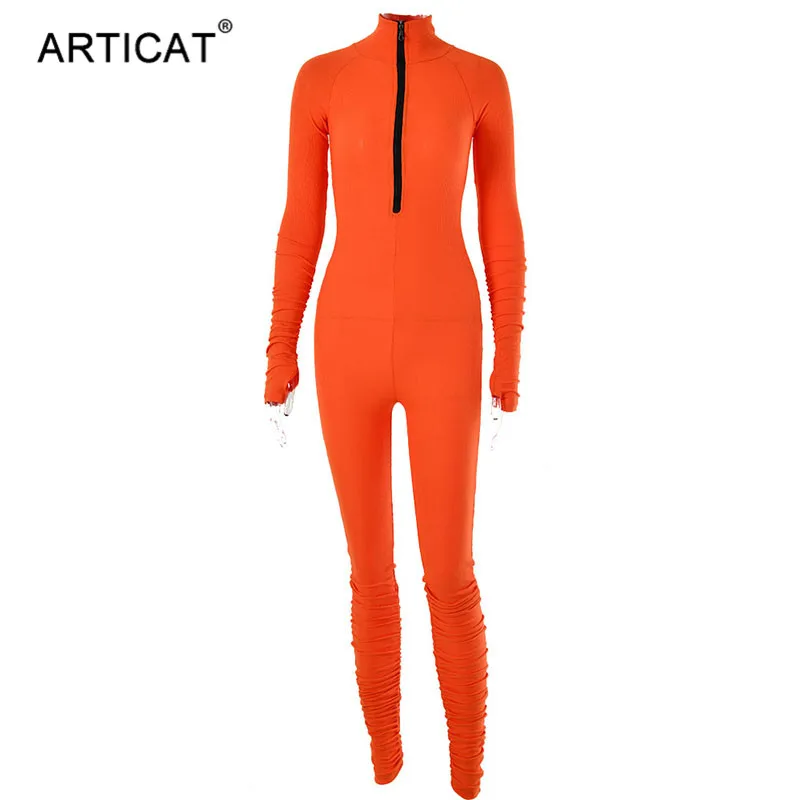 Articat Turtleneck Zipper Skinny Jumpsuit Women Long Sleeve One Piece Neon Orange Bodysuit Female Running Fitness Outfits