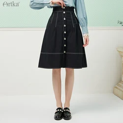 ARTKA 2021 Summer New Women Skirt Fashion High Waist Single-breasted A-Line Skirts Female Midi Black Denim Skirt QA22112X