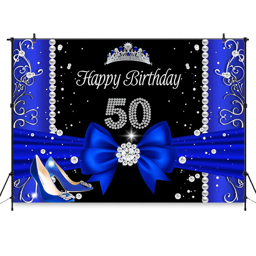 Photography Backdrop Woman 50th Birthday Party Background Customize Backdrop Diamond High Heels Blue Birthday Banner Photobooth