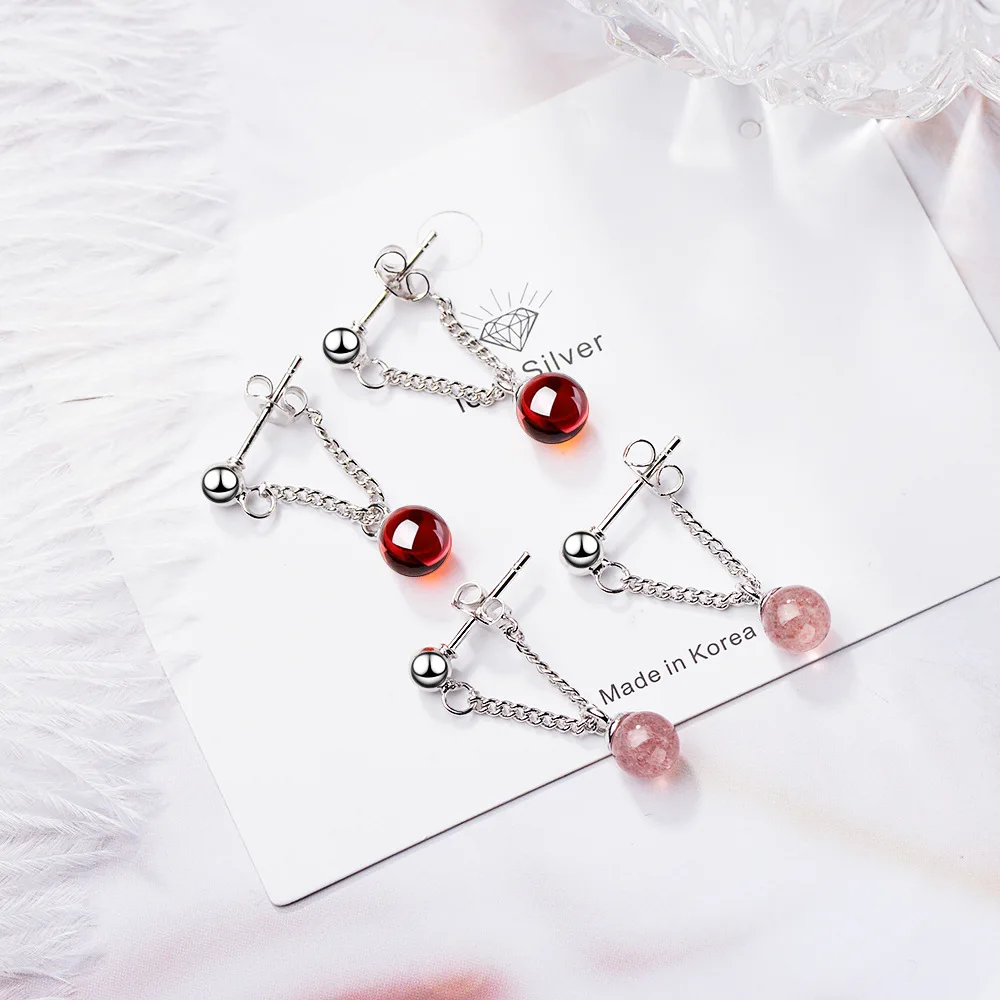 Elegant Round Natural Garnet Stone 925 Silver Needle Lady Tassel Stud Earrings Jewelry For Women Drop Shipping Girls Gift