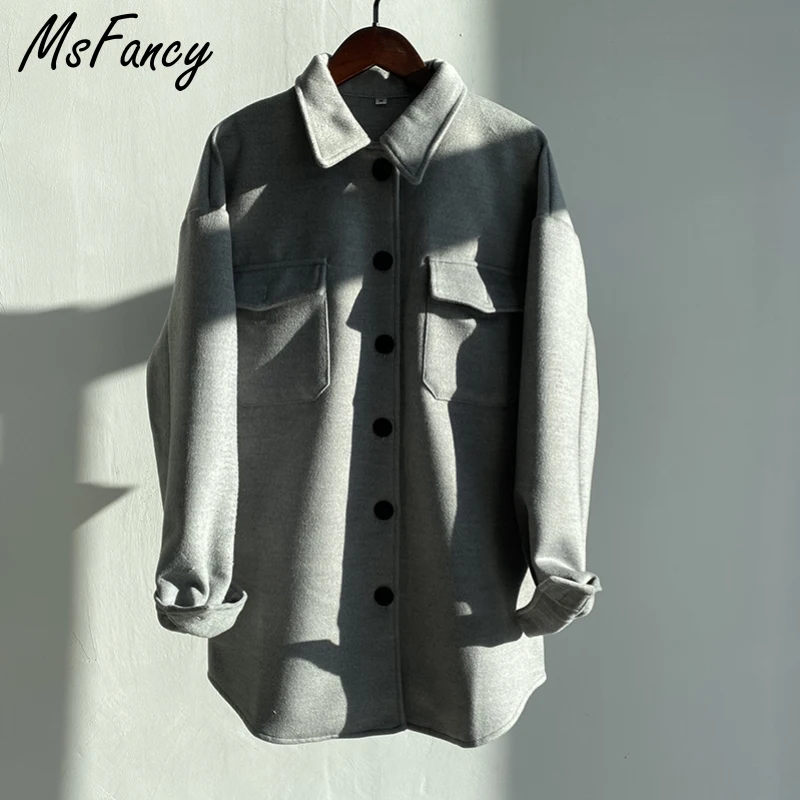 Msfancy Gray Shirt Jacket Women Harajuru Style Pockets Casual Coat Mujer 2022 Spring Single Breasted Warm Outwear