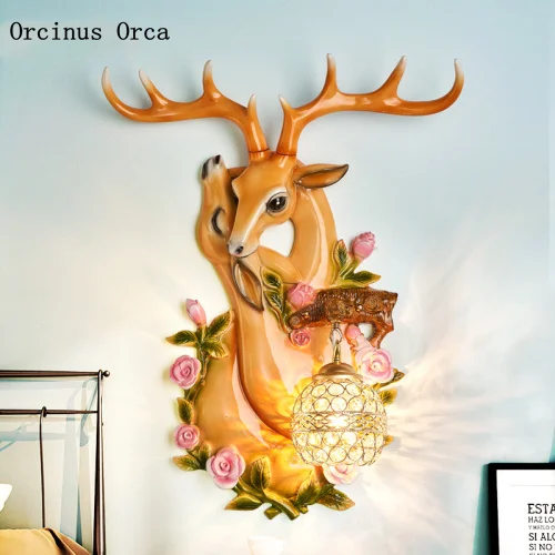 European painted deer crystal wall lamp living room bedroom  fashion decoration romantic deer head wall lamp