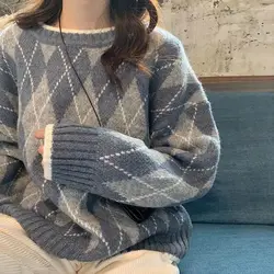 Suéter de punto de gran tamaño para Mujer, jerseys de moda, suéter suelto de Argyle, estilo universitario coreano, Invierno