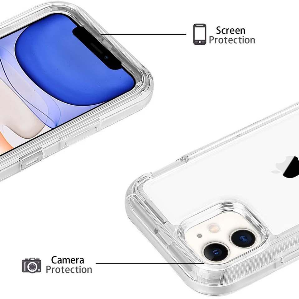 Funda 3 en 1 para iPhone 15 14 11 12 13 16Pro Max MINI XR XS X XSMAX SE 6 7 8 Plus, transparente resistente a golpes con acabado brillante 3