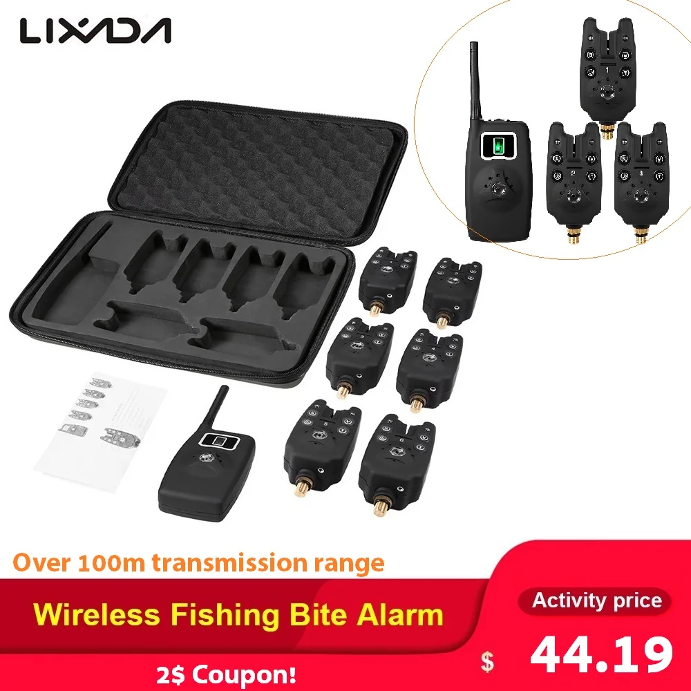 Lixada Wireless Digital Fishing Bite Alarm with LCD Screen Indicator 1 Receiver 6 Fishing Transmitter with Zippered Case