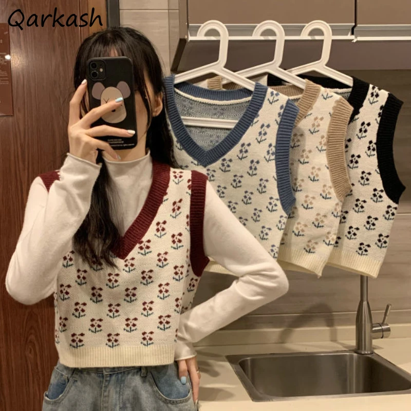 Sweater Vests Women Leisure Simple Patchwork Flower Design V-neck Sleeveless Gentle Females Retro Ulzzang Chic Streetwear Slim