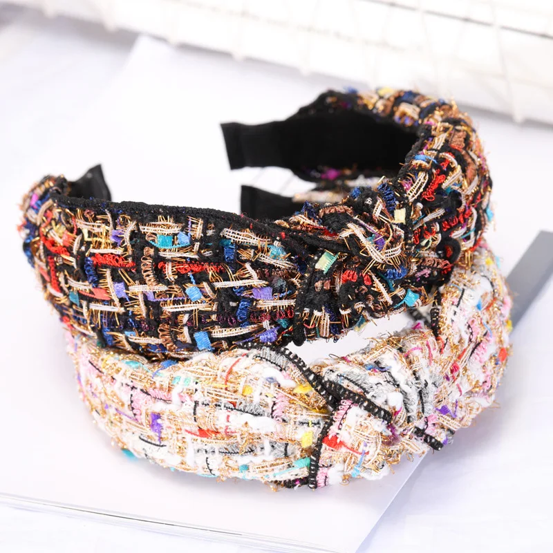 Elegant small fragrance wind tweed geometric hair clip BB clip temperament side clip retro double bow headband female headgear