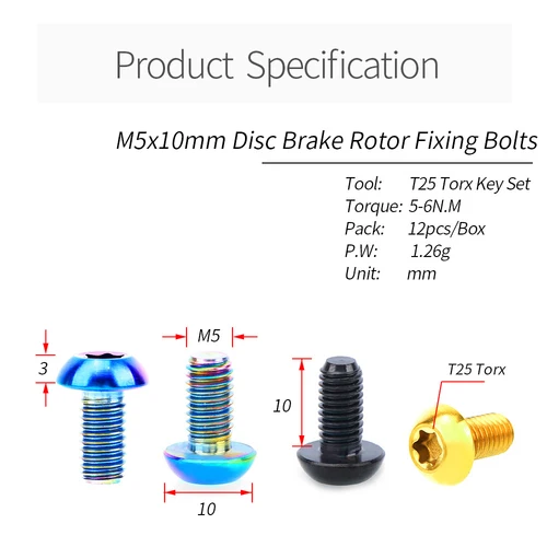 Imagen 2 del producto RISK-Juego de pernos de fijación de Rotor de freno de disco para bicicleta de montaña y carretera, M5 x 10mm, cabeza redonda T25, aleación de titanio TC4, 12 unids/set