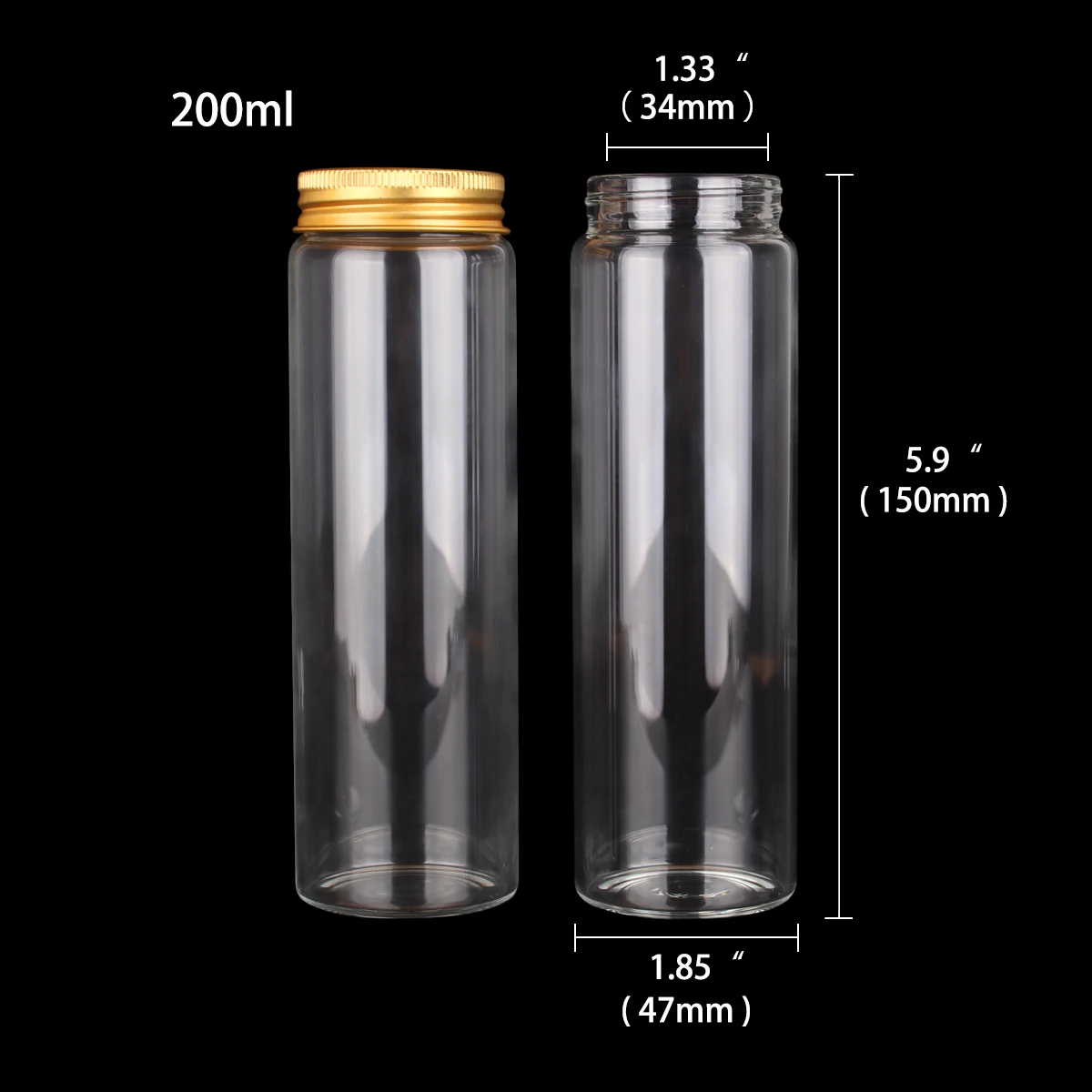 6pcs 200ml 47*150mm Glass Empty Bottles With Golden Aluminum Caps Decorative Storage Bottles Pill Cointainer For Art Crafts