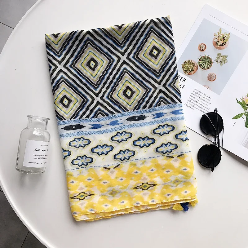 

2019 Fashion Cotton Geometry Print Tassel Scarves Shawl Long Rhombus Print Tassel Wrap Hijab 5 Color 10pcs/LOT Free Shipping