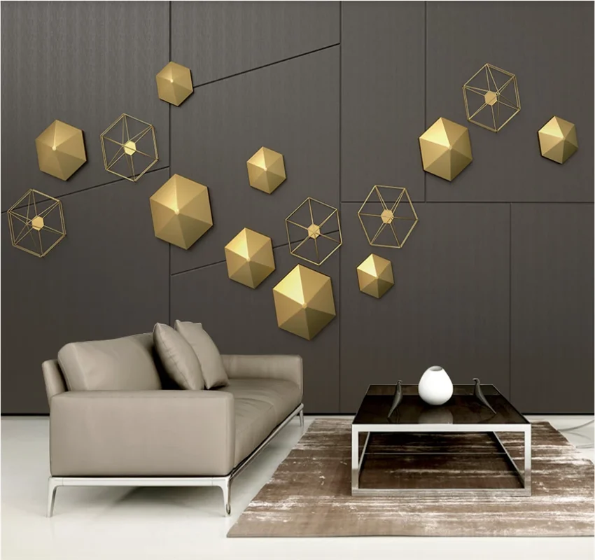 Xuesu 3d tridimensional golden hexágono quadro grão de madeira metal geométrico fundo da parede papel de parede personalizado 8d cobrindo