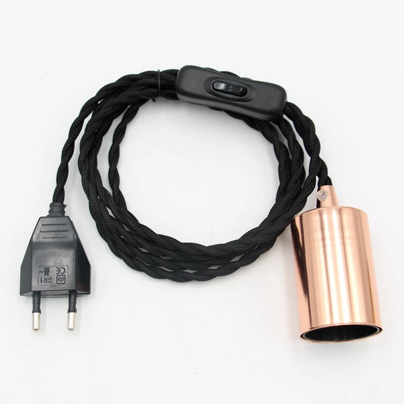 AC 220V EU Plug Power Cords Vintage Fabric Twisted Cable with Inline Switch E27 Bulb Lamp Holder Hanging Lamp