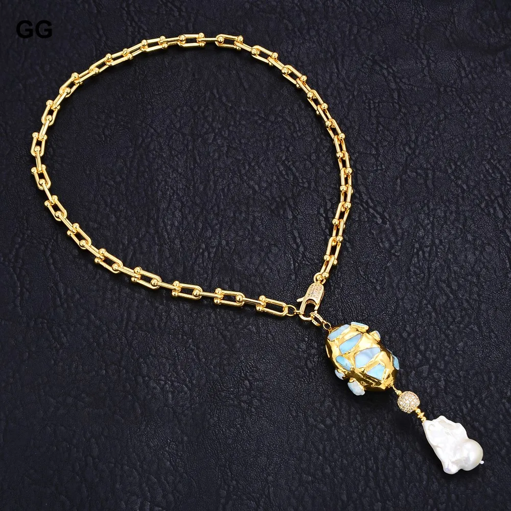 GG 20'' Cultured White Baroque Pearl Natural Blue Larimar Gold Plated Chain Necklace Keshi Pearl Cz Pendant