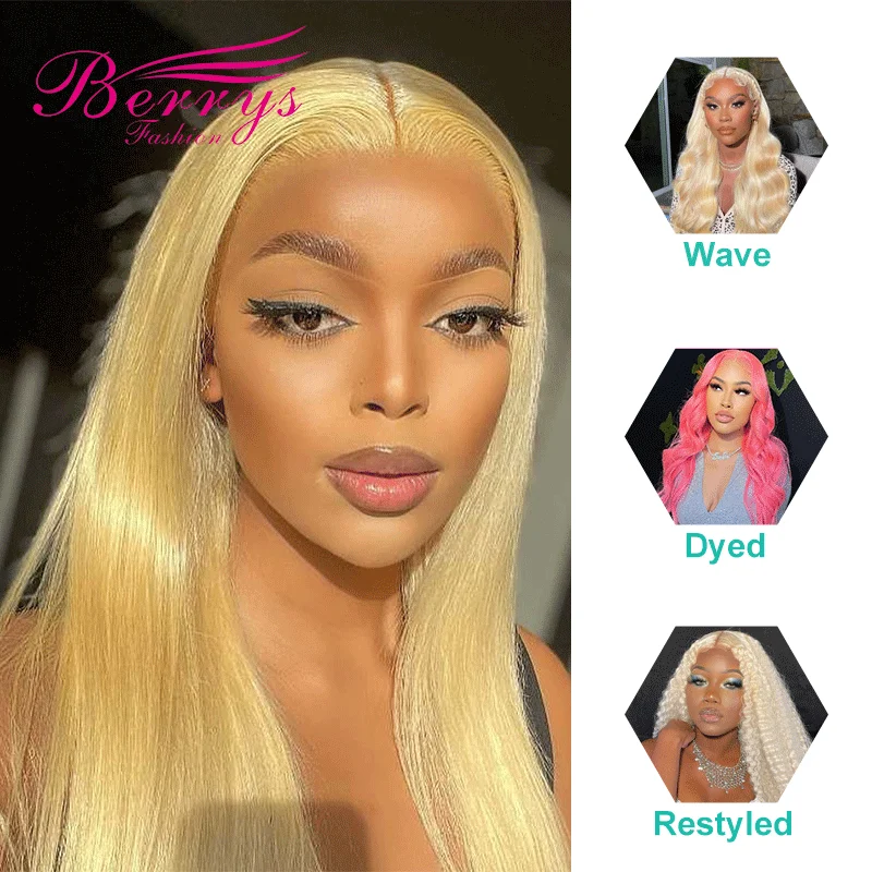 Berrys Fashion blond prosto 2/3 wiązki z przednim brazylijskim wiązki dziewiczych włosów z 13x4 przednim zamknięciem blond 613 włosy