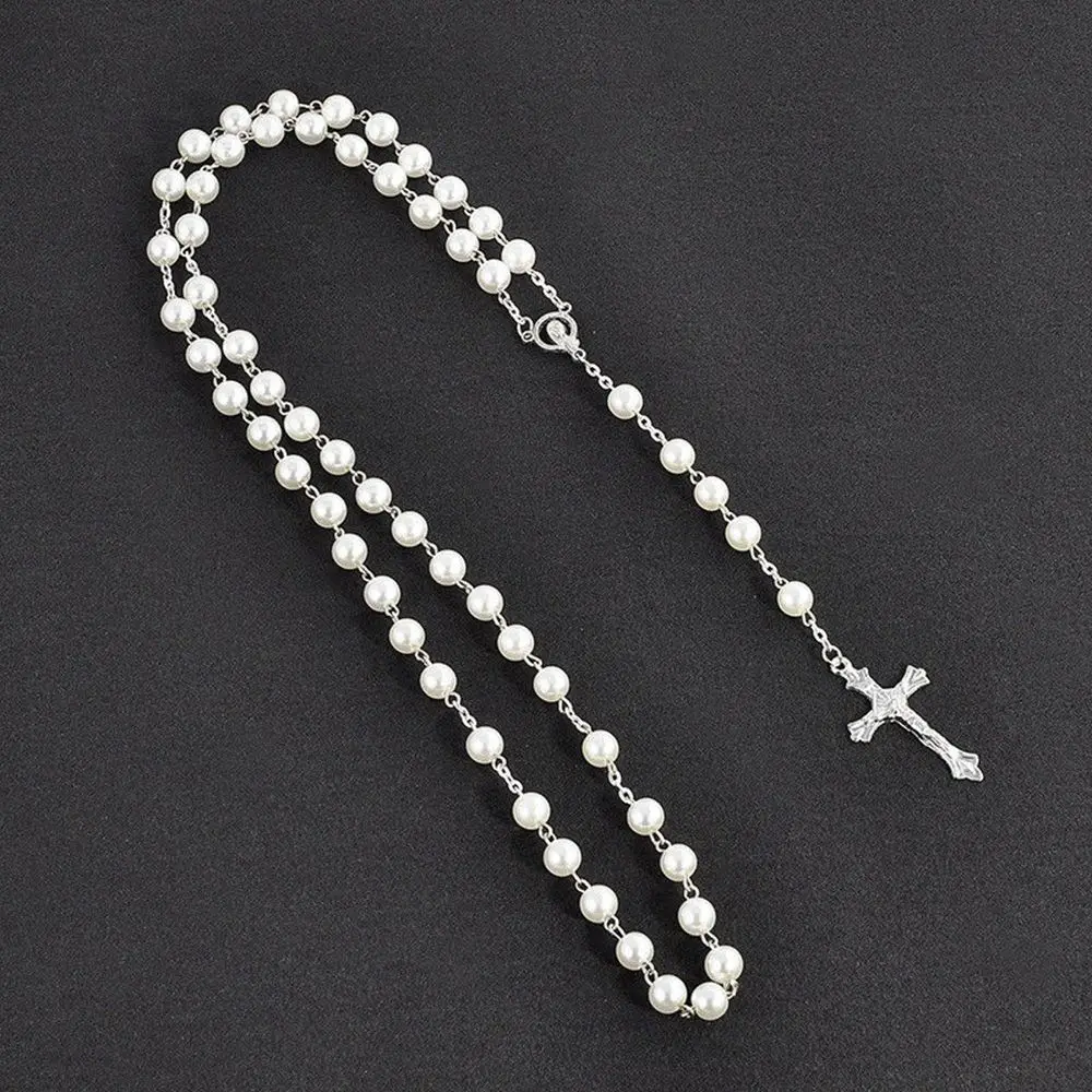 Rosary Handmade Round Glass Imitation Pearl Bead Alloy Cross Pendant Christian Catholic Religious Necklace Multiple Colors