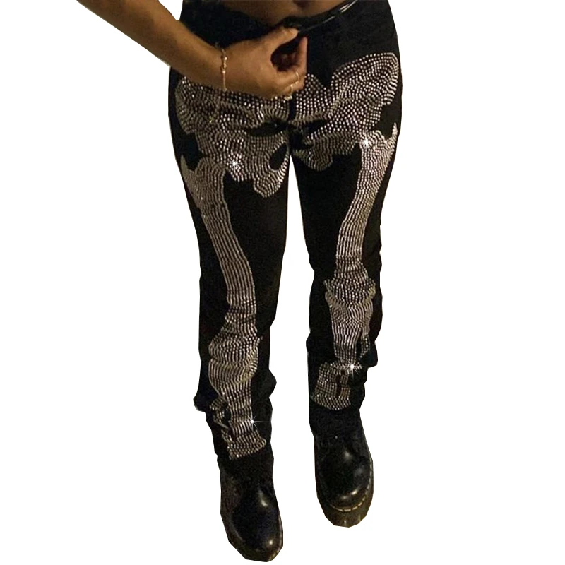 Men\'s Rhinestone Black Stretchy Jeans Skinny Slim Fit Hot Drill Letter Punk Streetwear Biker Trousers Man Denim Pencil Pants y2k