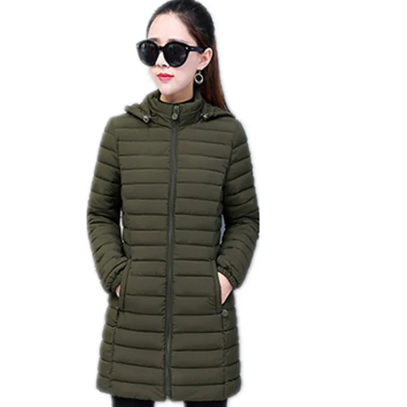 Women Winter Hooded Warm Coat Slim Solid color Cotton Padded Basic Jacket Female Medium-long coats feminina A190