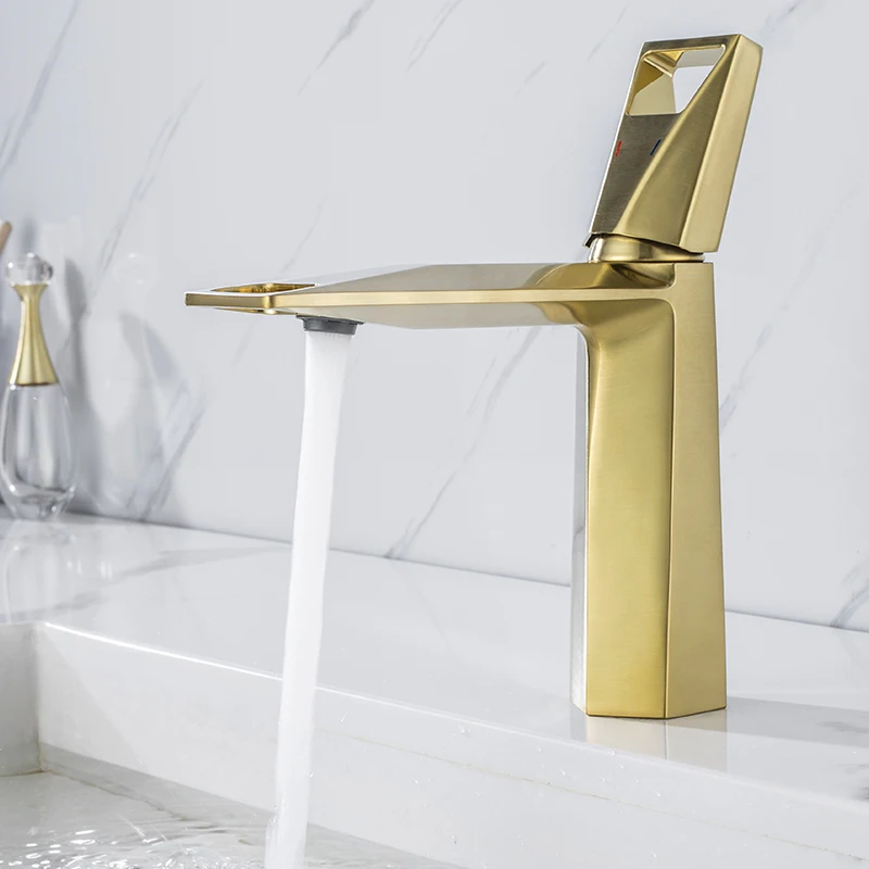 

Basin Faucet Brush Gold New Hot And Cold Single Lever Brass Bathroom Sink Tap Morden Design Mixer