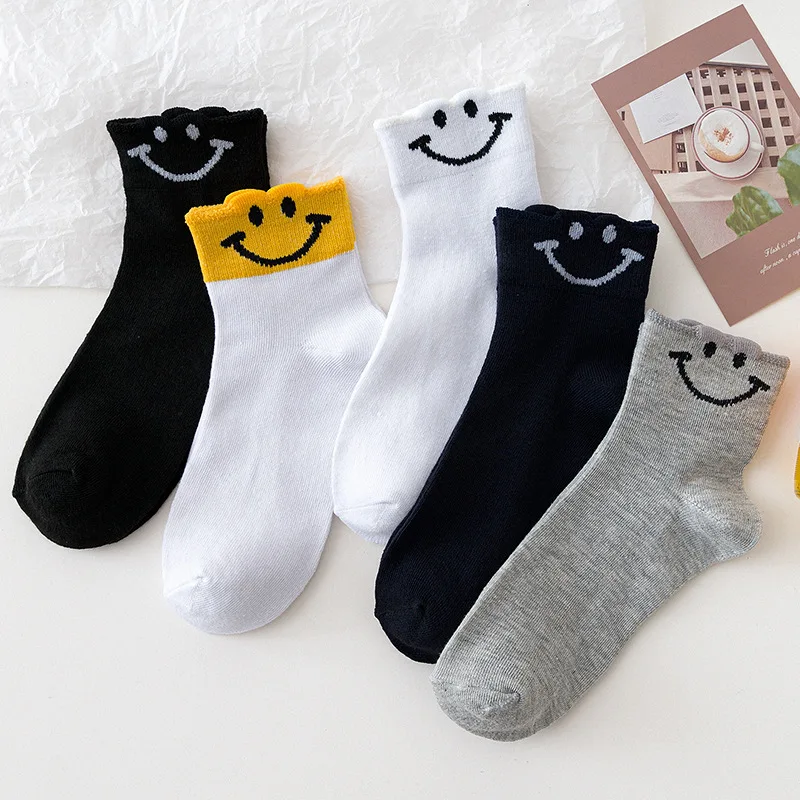 5 Pairs Pack Sports Casual Cotton Woman Socks Cartoon Cute Fruit Cat Printing Socks Japanese Fashion Letters Heart Kawaii Socks