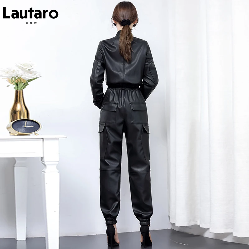 Lautaro Spring Long black Soft faux leather jumpsuit women long sleeve zipper jumpsuits for women womens fall fashion 2021