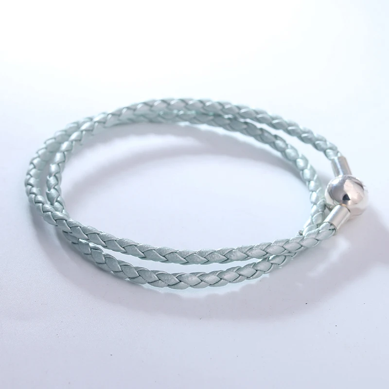 Shine Blue Leather Bracelets for Women Silver 925 Jewelry Signature Round Clasp Woven Chain Braided Rope Charms Bracelet DIY