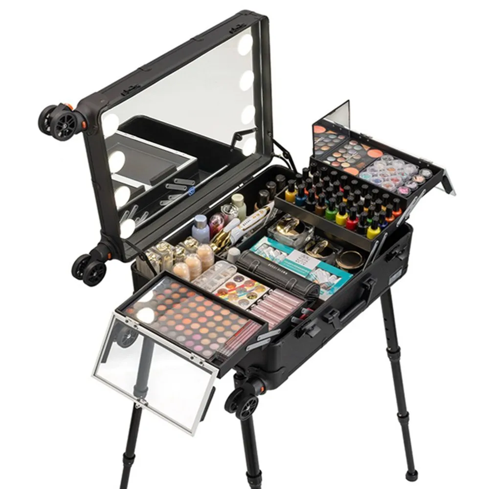 Aluminum Frame Professional Rolling Studio Makeup Artist Cosmetic Case Beauty Trolley Suitcase LED Light Mirror Box Luggage Bags