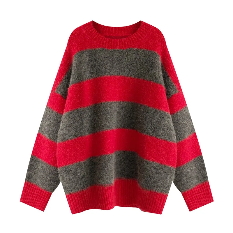 Women Knitted Striped Sweater Winter Casual Long Sleeve Pullover O-Neck Oversized Streetwear Sweater Warm Sueter Mujer