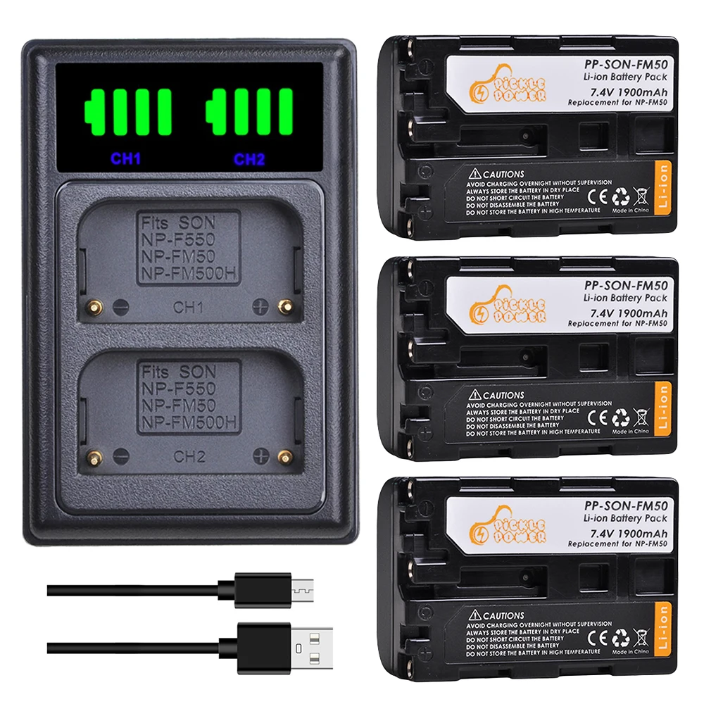 

NP-FM50 FM55H Battery and New LED USB Dual Charger with Type C Port for Sony NP-FM51 NP-FM30 NP-FM55H DCR-PC101 A100 Series