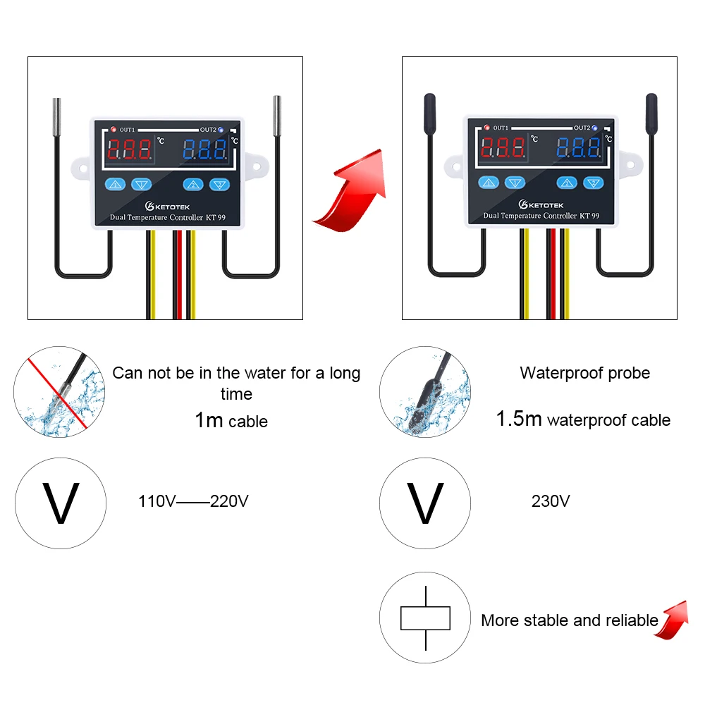 KT99 Dual Digital Thermostat Heating Cooling Temperature Controller 12V 24V 110-220V 10A Direct Output for Incubator