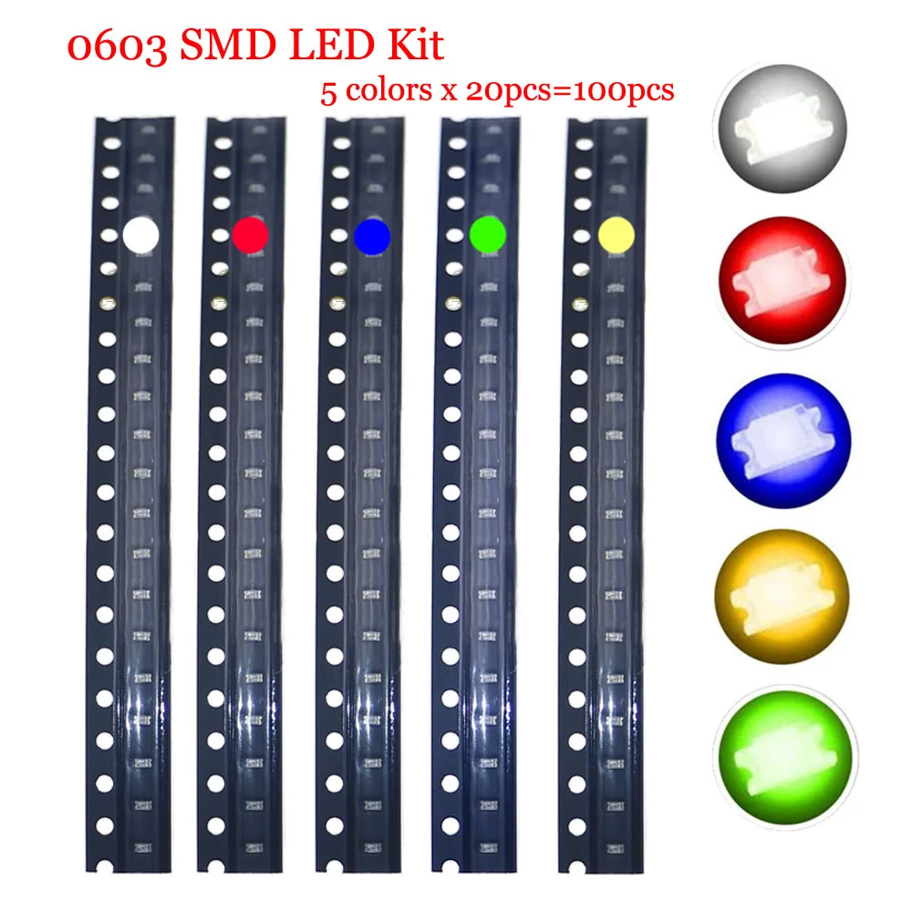 100 sztuk/partia zestaw diod LED SMD 0402 0603 0805 1206 1210 5730 5050 czerwony/zielony/niebieski/biały/żółty zestaw diod led 5 kolorów każdy 20 sztuk