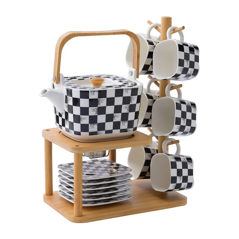 

Ceramics Coffee Tea Set Japanese Bone China Black White Teapot Cup Wooden Stand Water Ware Home Kitchen Decoration Supplies