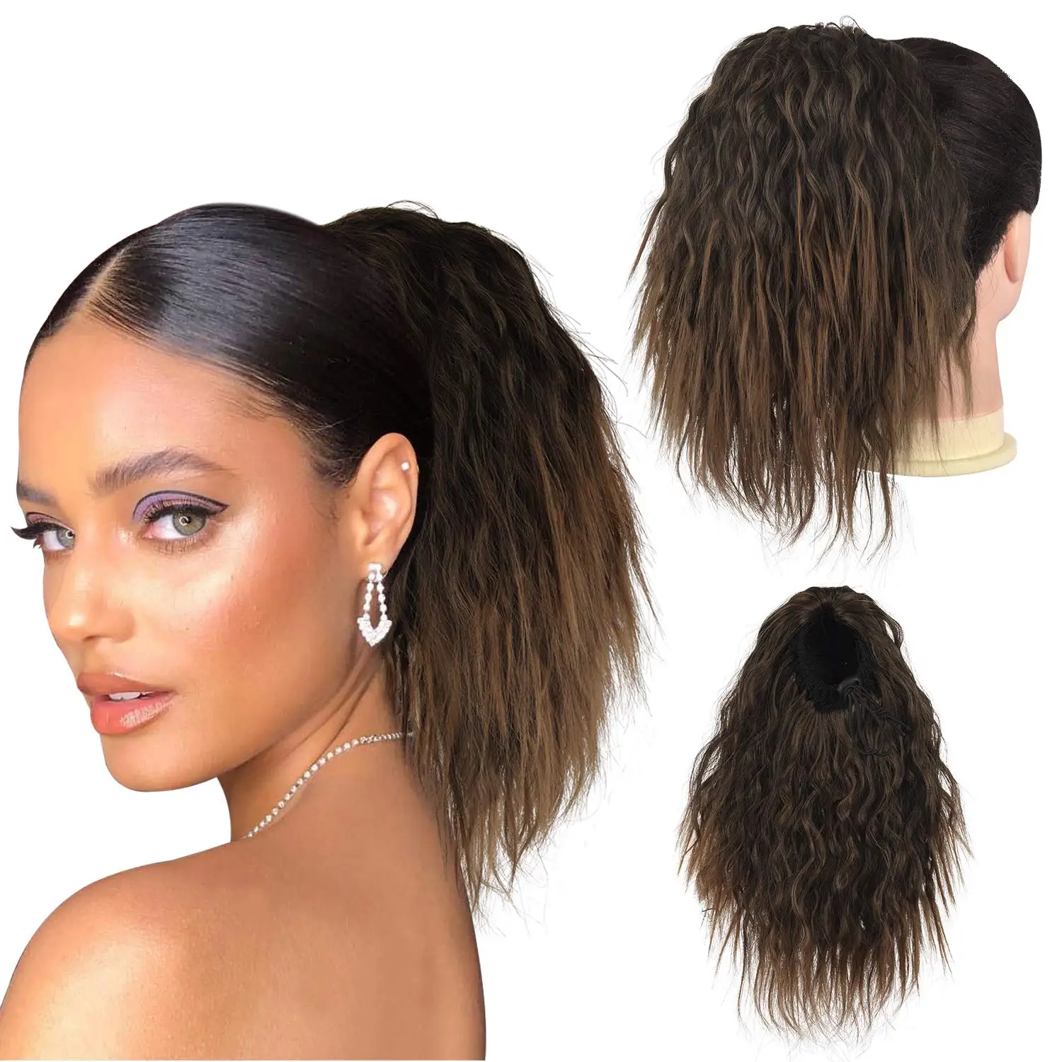 Afro Ponytail Hair Extension Short Synthetic Ombre Water Wave Pony Tail Hairpiece for Women False Drawstring  Curly  Chignon Tai