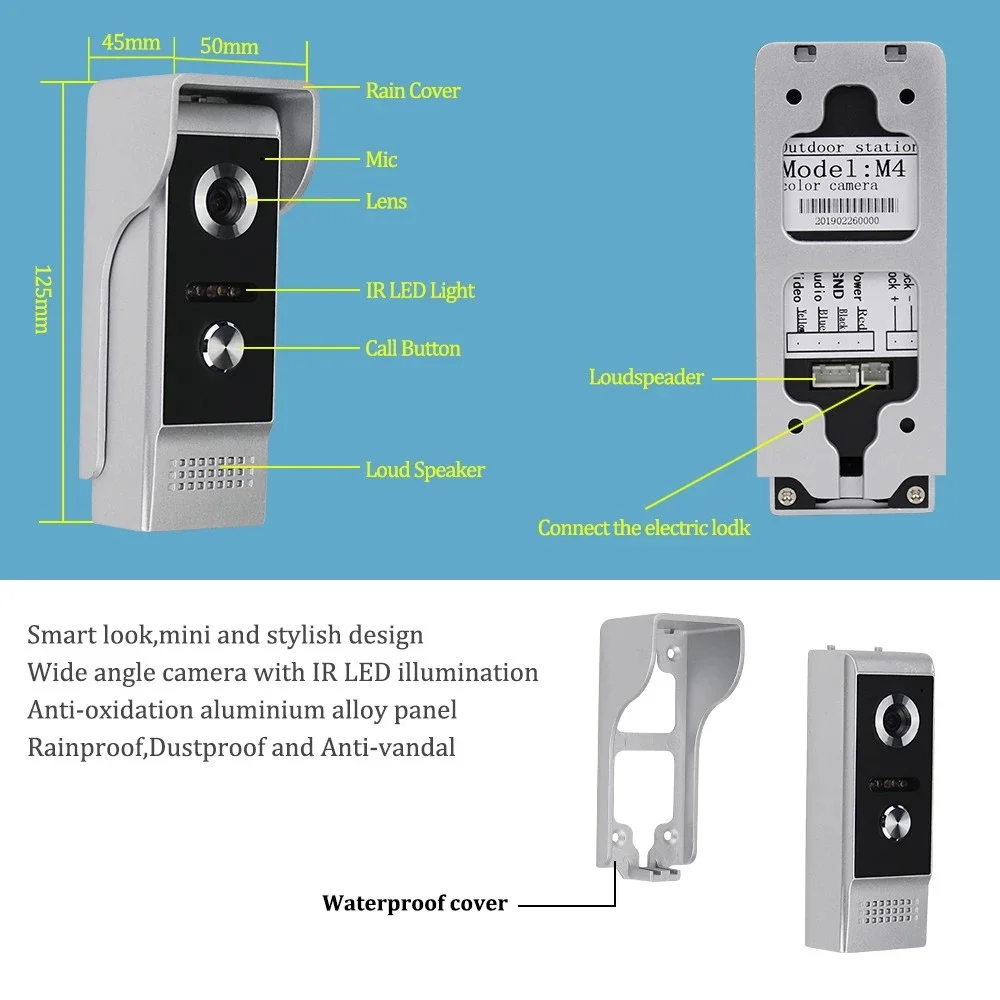 Outdoor Waterproof Video Intercom Camera Video Doorbell Camera Entrance Monitoring Video Door Phone IR Night Vision Wide Angle