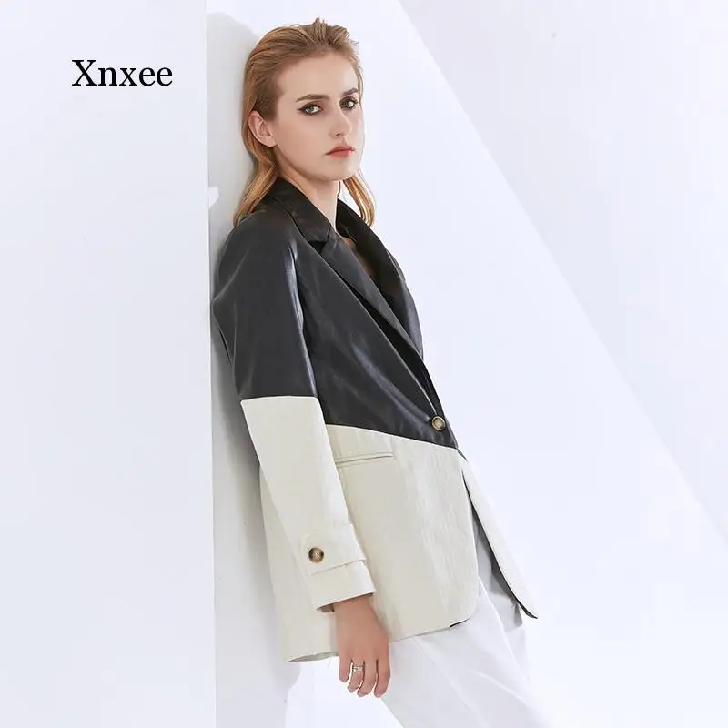 Patchwork Pu Leather Blazers for Women Notched Long Sleeve Hit Color Casual Coats Female Fashion Clothing Tide