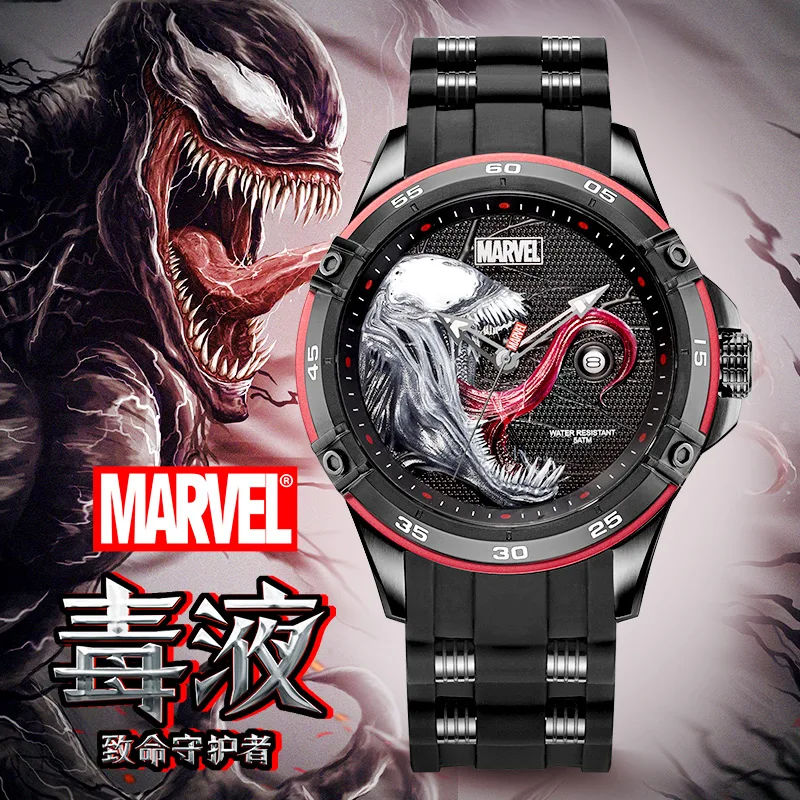 Marvel For Mens Watch Original Avengers Venom Quartz Fashion Casual Wristwatches 3D Stereo Dial Coated Glass Date 50m Waterproof