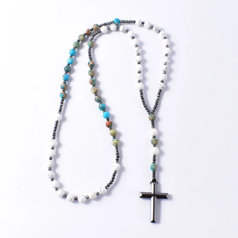 Wholesale Natural Turqouise With Hematite Cross Pendant Catholic Christ Mens Rosary Necklaces For Women Jewelry Drop shipping