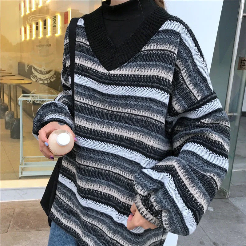 Knitted Sweaters Women Casual V Neck Stripe Pullover Sweater Autumn-winter Retro Jumper Harajuku Oversized Loose Sweater