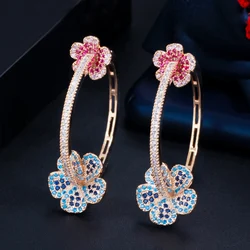CWWZircons Designer Elegant Micro Pave Blue Red CZ Light Gold Color Big Round Flower Hoop Earrings for Women Jewelry Gift CZ810