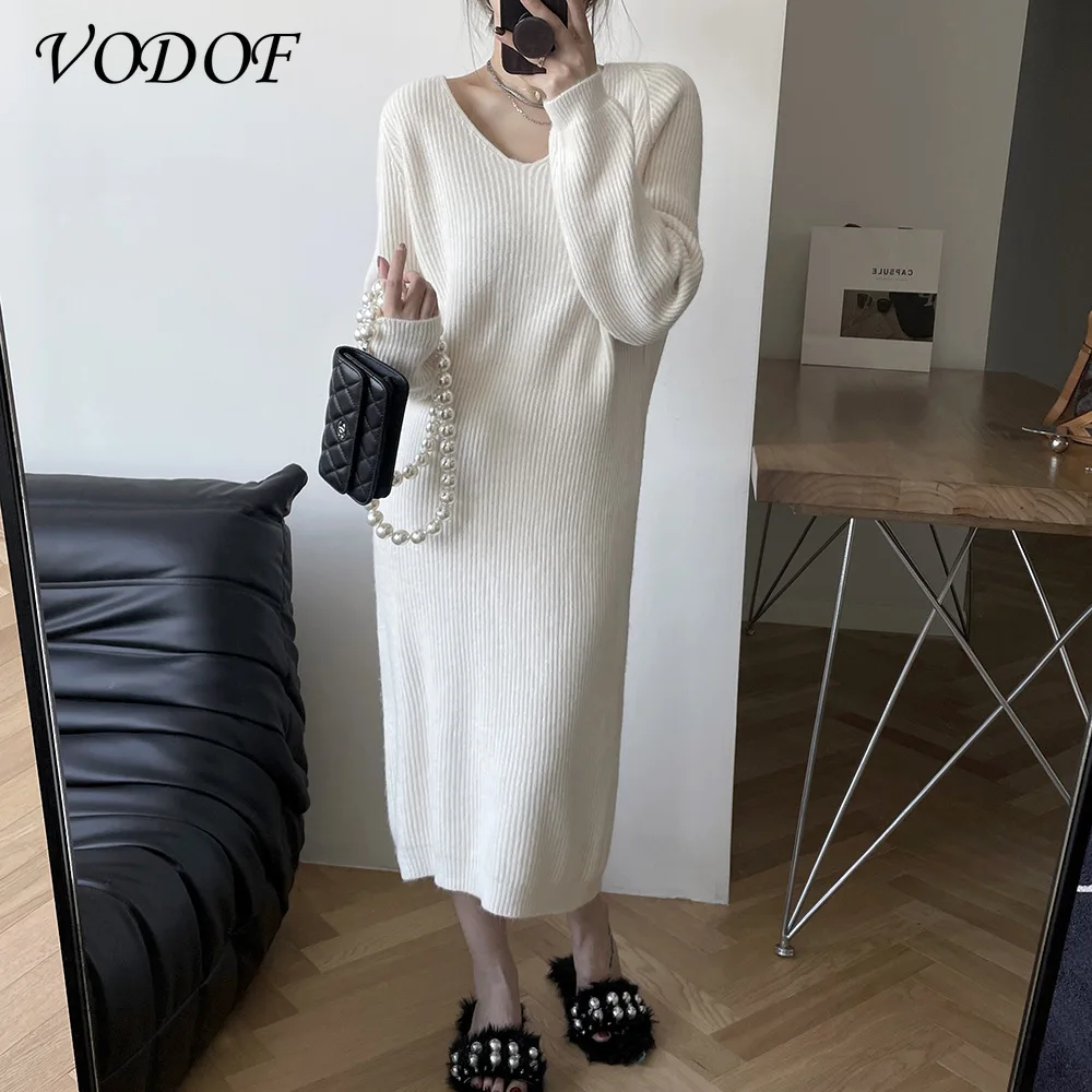 Vodof Winter Herfst Oversized Gebreide Kasjmier Trui Vrouwen V-hals Basic Thicken Truien Vrouwelijke Knit Truien Top