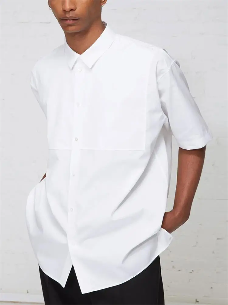 

European and American style cotton vest white short sleeves simple design solid color pointed collar large shirt