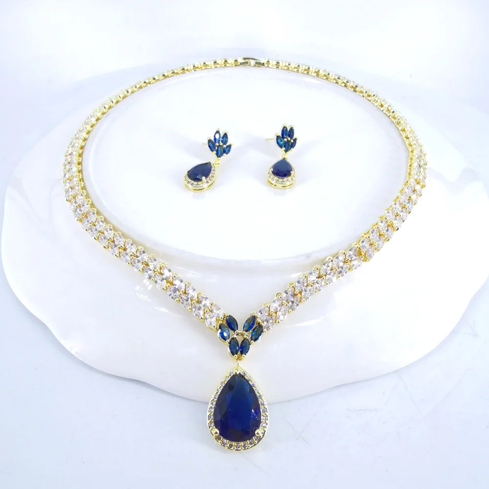 2024 Hot sale New fashion vintage blue water drop necklace earring set wedding party birthday banquet jewelry set