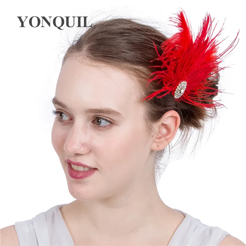 

Fascinator With Rhinestone And Ostrich Feather Red Wedding Party Races Kentucky Derby Ascot Church Cocktail Hat Peacock Feathers