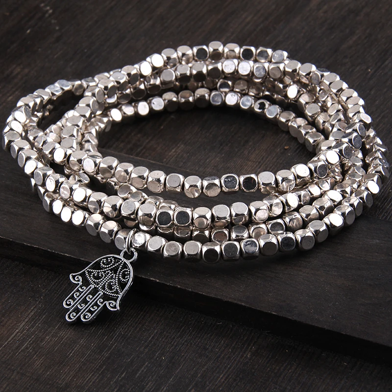 Fashion Bohemian Tribal Long Jewelry Square Beads long Halsband with Hamsa Hand Charm Necklace & Bracelet